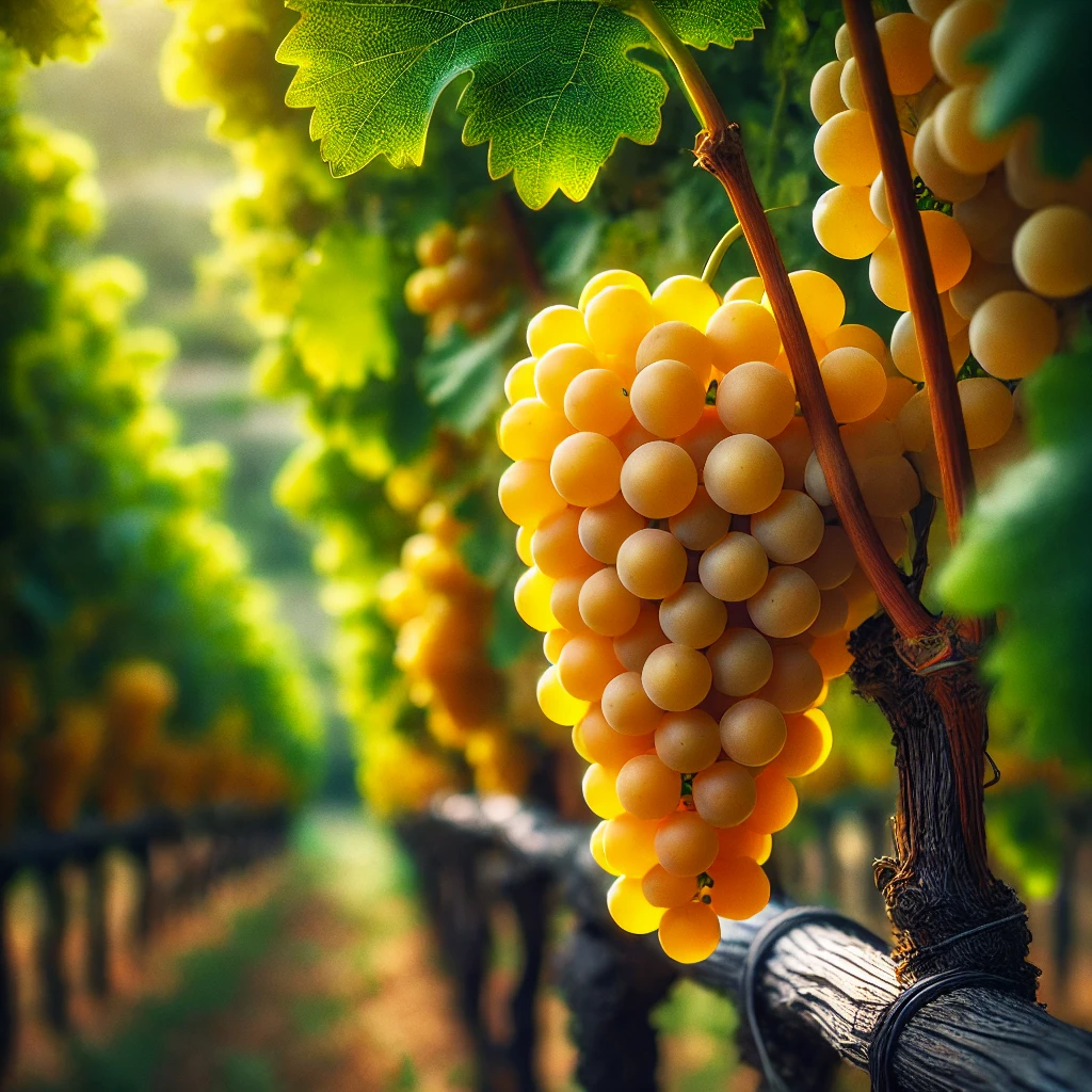 Close-up of ripe Robola grapes on the vine in Kefalonia, showing clusters of golden grapes surrounded by vibrant green leaves under the warm Mediterranean sunlight.